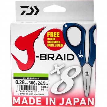 Шнур DAIWA J-Braid X8E-W/SC 0,28мм 300м chartreuse + ножницы Шнур DAIWA J-Braid X8E-W/SC 0,28мм 300м chartreuse + ножницы